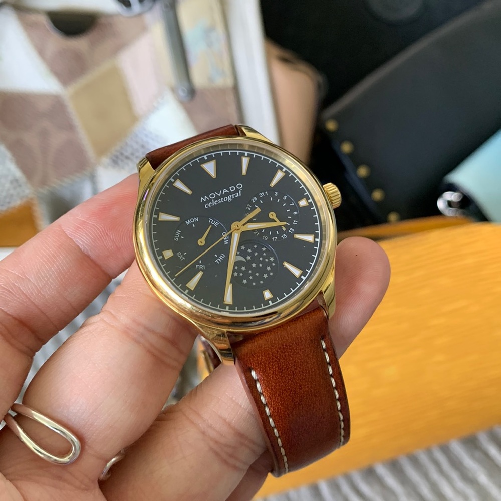 Movado watch with moon phase.